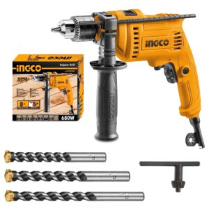 Ingco Impact Drill Set, 680W | 0-3000rpm | 13mm Power Hammer Drills, Variable Speed Corded Drill Machine, Forward/Reverse Switch Electric Drill with 3 pcs Masonry Drill Bits