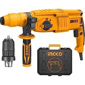 Ingco Innovative Industrial 800 W Corded-Electric Rotary Hammer Cum Breaker Cum Demolition Hammer with 3 Drill and 2 Chisels – 26 inches chuck – Yellow