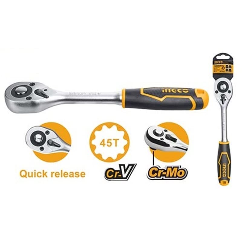 Ingco 1/2" Ratchet Wrench, Heavy Duty Ratchet Wrench, 260mm | 45T, Quick Release - Image 2