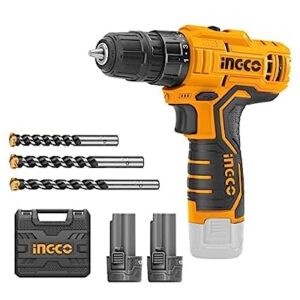 INGCO 12V Cordless Drill, 15+1 Torque Setting | 20NM | 2-Speed Gear | 0-400/0-1500rpm | 0.8-10mm Chuck Capacity LED With 2pcs 1.5Ah Battery, 3 pcs Masonry Drill Bits