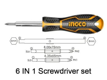 Ingco AKISD0608 6 IN 1 Screwdriver Set, Screwdriver kit | CR-V,with 2pcs socket & 2 pcs Two-way Bit, 1pcs Interchangeable Handle (1 Set)