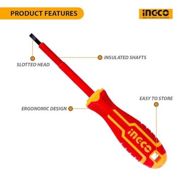 INGCO HISD81PH2100 Insulated Screwdriver 1/4 Inch Repair Tool Cushion Grip Handle Flat Head Tip for Home & Industrial Use Red/Yellow