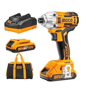 INGCO 20V Lithium-Ion Impact Driver, Brushless Motor | 170NM Max Torque Cordless Impact Driver, Power Impact Driver With 2pcs 2.0Ah Batteries & 1pc 1Hr charger