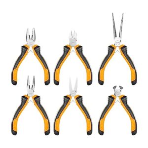 INGCO 6 Pcs Mini Pliers Set, Including 11.5CM Combination Pliers, Diagonal Cutting pliers, Needle Nose Pliers, Long Nose Pliers, Flat Nose Pliers, End Cutting Pliers for crafts, model making, small hobby projects, jewelry making