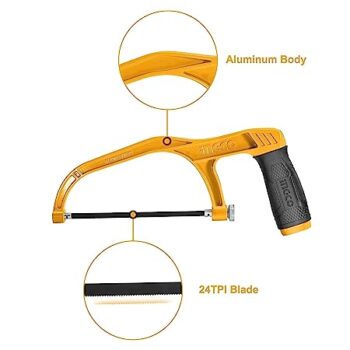 INGCO Mini Hacksaw, 150mm (6") Hand Saw, Comfortable Handle Aluminium Body With 1 pcs Blade for Metal, Wood, PVC Pipes
