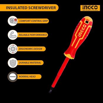 INGCO HISD81PH2100 Insulated Screwdriver 1/4 Inch Repair Tool Cushion Grip Handle Flat Head Tip for Home & Industrial Use Red/Yellow