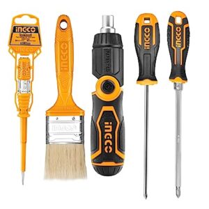 INGCO Tools Set, 5 Pcs Hand Tools Set Contain 1PCS 13 in 1 Ratchet Screwdriver Set, 1PCS 2 in 1 Screwdriver Set, 1PCS Phillips Screwdriver, 1PCS Test Pencil, 1PCS Paint Brush