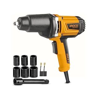Ingco Impact Wrench, 2300rpm | 550N.M | 1/2″” Square Drive Electric Impact Wrench, Aluminum Gear Box with Rubber, Impact Wrench Tool Kit with 6pcs Sockets, 1pcs 125mm Adaptor