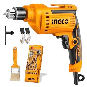 INGCO Electric Drill, 8 in 1 Corded Electric Drill Set, 500W | 0-3300RMP Power Drill |1.0-10mm Chuck Capacity Power Drill, Variable Speed, Froward/Reverse Switch with 7 pcs Drill Bits, 1 Paint Brush