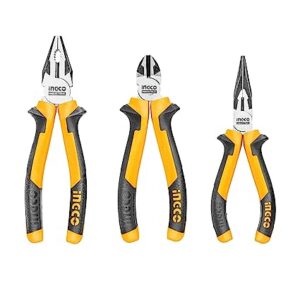 INGCO 3 Pcs Pliers Set, Include 8″ Combination Pliers, 6″ Long Nose Pliers, 6″ Diagonal Cutting Pliers, Cr-V, Black Finish and Polish, TPR Two Color Handle