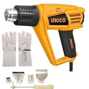 Ingco 2000W Heat Gun with Accesories and Free Pair of Heat Resistant Gloves (Orange, 5 Piece)