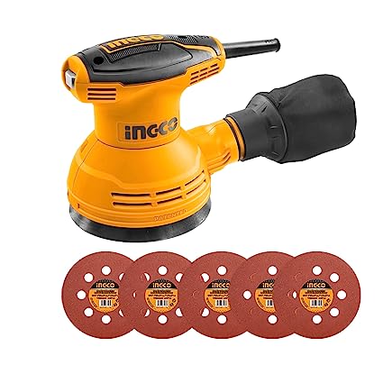 INGCO Rotary Sander, 320W 125mm Dia of Sanding Pad |12000rpm Corded  Sander, Electric Detail Sander With 1pcs Dust Bag, 5pcs Sand Paper
