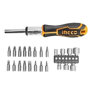 INGCO 24 Pcs Screwdriver Set, 16 Pcs 6.35X25mm Screwdriver Bit, INGCO Style Ratchet Handle, High Auality Cr.V Material, Heavy duty, High Torque Resistance Screwdriver Set