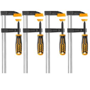INGCO 4 PCS F Clamps (50x150mm), F Clamp with Rubberized Handle and Surface Protection PVC Cover for Better Grip Metal F Clamps for Woodworking Glass and Welding Works