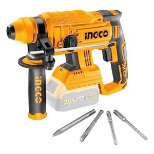 INGCO 20V Cordless Rotary Hammer, Brushless Motor, 0-1350rpm | 0-4700/Min Impact Rate | 4 in 1 Function | SDS plus chuck, 3PCS Drill Bits with 1PCS Chisel(Body Only, Battery & Charger Sold Separately)