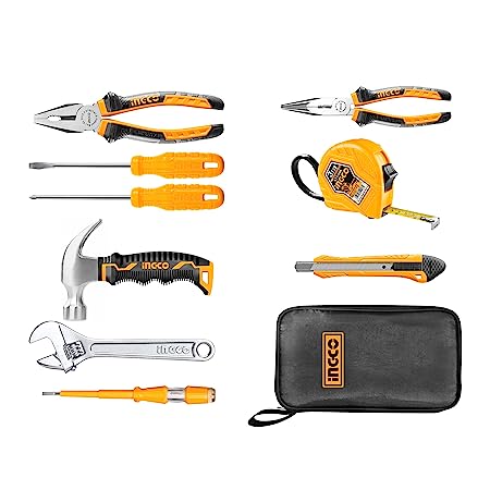 INGCO 9PCS General Household Tool Set Hand Tool Kit with Portable Tool Bag for Home Dormitory Office Garage Car Decoration Repair Maintenance DIY HKTH10809