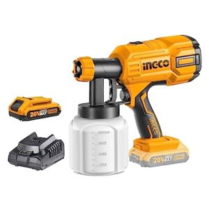 INGCO Cordless Spray Gun, 20V Lithium-Ion Paint Sprayer, 800ml | 600 Ml/min | 40DIN-s Paint Machine with 1pcs 2.0Ah Battery Pack, 1* Fast Charger, Electric Spray Gun for Wall, Ceiling, Fencing