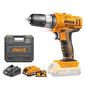 INGCO CIDLI20012 20V Cordless Drill, 45NM Electric Impact Drill, 18+1+1 Position Power Drill Driver, 0.8-10mm Chuck, Variable Speed, Hammer Drill Kit with 2 battery pack, 1 fast Charger, LED (1 Set)