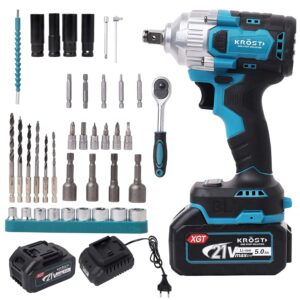 KROST 21V Brushless 350NM Double Battery Powerful Cordless Impact Wrench Kit with Accesories