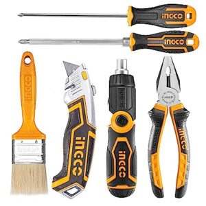 INGCO 6 Pcs Tools Set, Hand Tools Set Contain 1pcs 13 IN 1 Ratchet Screwdriver Set; 1pcs Phillips Screwdriver; 1 pcs 2 IN 1 Screwdriver Set; 1pcs Combination Pliers, 1pcs Utility Knife; 1pcs Paint Brush, Used for Daily Home Maintenance, Repair Works, DIY Tasks