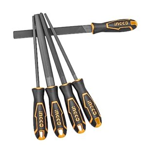 INGCO Steel File Set, 5 Pieces Hand Metal Files, Premium Grade T12 Steel File Set, Includes Flat, Square, Triangular, Round, and Half-Round File