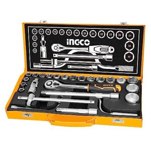 Ingco HKTS0243 24Pcs 1/2" Socket Set, 18pcs 1/2" CRV DR. Sockets, Extension Bar, Universal Joint, Sliding T Bar, Speeder Handle, Quick Ratchet Handle, Hand Tools Set with Metal Box