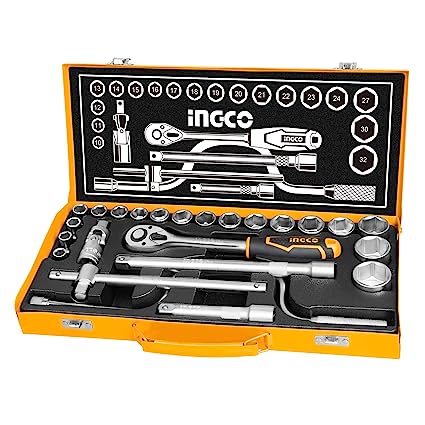 Ingco HKTS0243 24Pcs 1/2" Socket Set, 18pcs 1/2" CRV DR. Sockets, Extension Bar, Universal Joint, Sliding T Bar, Speeder Handle, Quick Ratchet Handle, Hand Tools Set with Metal Box - Image 2