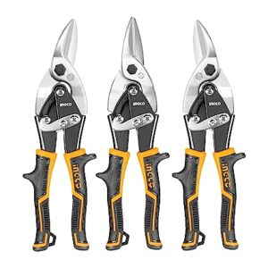INGCO 3Pcs Aviation Snip(Left, Straight, Right), Pliers Set, Two-Tone Soft Handle, Made of CRV Steel, High Hardness, Shear Sharp and Comfort Grip Handle, Packed by Bouble Blister