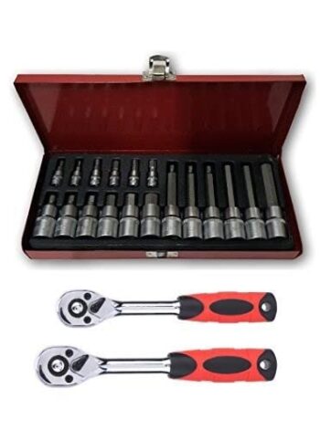 KROST Metal Allen Socket Set, Hex Bit with 1/4 and 1/2 Inch Ratchet Handle (Red, 18 Piece)