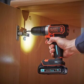 BLACK+DECKER BDCDC18KST 18V 10mm Li-ion Cordless Variable Speed Reversible Smart-Tech Cordless Drill Driver (Orange 4-Pieces)