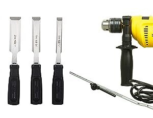STANLEY IN Impact Hammer Drill Machine For Drilling Wood, Steel & Masonry, 600W 13mm & 16-089 Wood Chisel Set 3Pcs & Titanium Drill Machineing and Screw Driving Set (16pc)