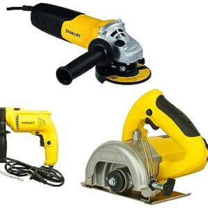 STANLEY SDH600 600W 13mm Impact Hammer Drill (SDH600-IN) & STANLEY STSP125 1320 Watt 5”/125mm Marble Cutter/Tile Cutter Machine (Yellow and Black) & 900W125mm Small Angle Grinder (Yellow and Black)