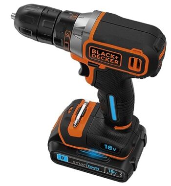 BLACK+DECKER BDCDC18KST 18V 10mm Li-ion Cordless Variable Speed Reversible Smart-Tech Cordless Drill Driver (Orange 4-Pieces)