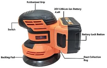 KROST 20V MAX Cordless Random Orbital Sander, 5-Inch Random Orbital Sander w/4.0A Battery, Fast Charger, 5pcs Sanding Discs and Dust Bag