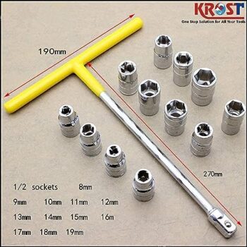 KROST T Shaped Socket wrench, 1/2" Drive Spanner Set 13pcs Handle Wrench Spanner with 8-19mm Socket Tool Set
