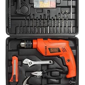 BLACK+DECKER HD555KMPR 550W 13mm Corded Hammer Drill Machine and Hand Tools Kit for Home & DIY Use (100-piece Accessories Kitbox) For Masonry, Brick & Wood, 1 Year Warranty, ORANGE & BLACK