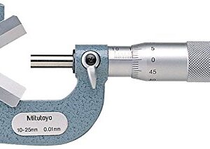 Mitutoyo 114-102 V-Anvil Micrometer for 3 Flutes Cutting Head, Ratchet Stop, 10-25mm Range, 0.01mm Graduation, -0.004mm Accuracy, With Groove
