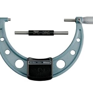 Mitutoyo 103-142-10 outside micrometer, baked-enamel finish, ratchet stop, 125-150mm range, 0.01mm graduation, -0.003mm accuracy