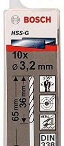 Bosch Professional Metal Drill Bits HSS-G With Diameter 3.2 mm Working Length- 36mm, Total Length- 65mm, Pack Of 10