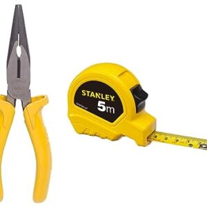 STANLEY STHT36127-812 5 Meter Plastic Short Measuring Tape (Yellow)+STANLEY 70-462 6” Sturdy Steel Long Nose Plier Single Color Sleeve