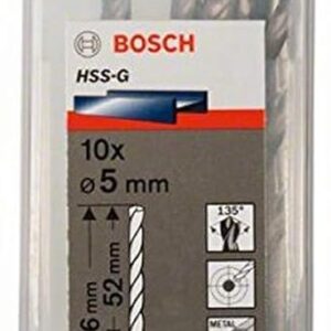 Bosch Professional Metal Drill Bits HSS-G With Diameter 5mm, Working Length- 52mm, Total Length- 86mm, Pack Of 10