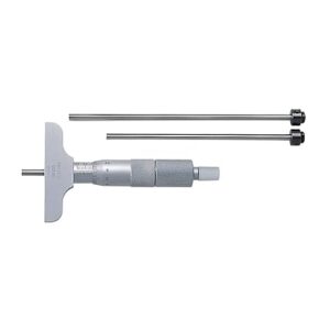 Mitutoyo 129-112 vernier depth gauge, interchangeable rods, micrometer type, 0-150mm range, 0.001mm graduation, -0.0040mm accuracy, 63.5mm x 16mm base, 6 rods