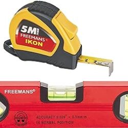FREEMANS Plastic and Aluminium Ikon 5 m:19 mm Measuring Tape + 30 cm Magnetic Spirit Level, Golden Yellow and Red