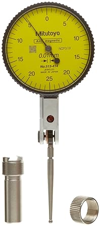 Mitutoyo 513-414E Dial Test Indicator, Basic Set, Horizontal Type, 8mm Stem Dia, Yellow Dial, 0-25-0 Reading, 40mm Dial Dia, 0-0.5mm Range, 0.01mm Graduation, -0.01mm Accuracy