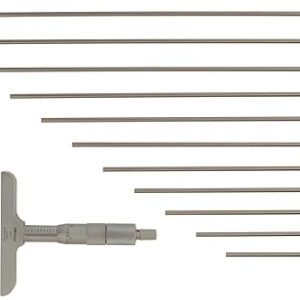 Mitutoyo 129-150 Vernier Depth Gauge, Interchangeable Rods, Micrometer Type, 0-12″ Range, 0.001″ Graduation, -0.00024″ Accuracy, 2.5″ x 0.63″ Base, 12 Rods