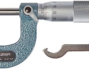 Mitutoyo 115-215 spherical face micrometer, ratchet stop, 0-25mm range, 0.01mm graduation, -0.003mm accuracy, spherical spindle