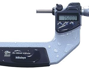 Mitutoyo 293-233 Coolant Proof LCD Micrometer, Ratchet Stop, 75-100mm Range, 0.001mm Graduation, -0.002mm Accuracy, SPC Output