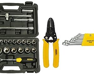 STANLEY SQ. Drive Metric 1/2” 6 Point Socket Set (24-Pieces) & Chrome Vanadium Steel Combination Spanner Set (8-Pieces) & 150mm/6” Wire Stripper with Cutting Edge Yellow