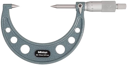 Mitutoyo 112-203 Point Micrometer, Ratchet Stop, 50-75mm Range, 0.01mm Graduation, -0.003mm Accuracy, 30 Deg. Point, Not Carbide Tipped