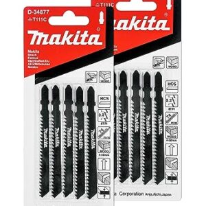 Makita 10 Piece – T Shank Wood Jigsaw Blades For Jig Saws – Fast & Straight Cuts For Soft Wood & PVC – 4″ 8 TPI HCS Saw Blades